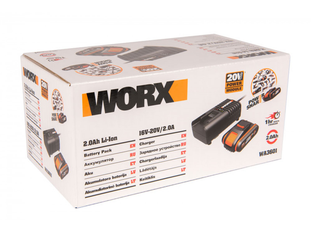 Комплект WORX WA3601: 1 аккумулятор 2 Ач и зарядное устройство на 2А