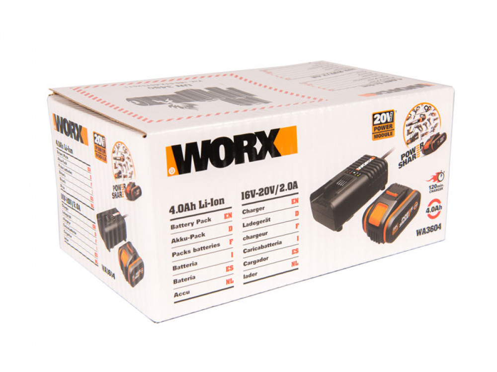 Комплект WORX WA3604: 1 аккумулятор 4 Ач и зарядное устройство на 2А