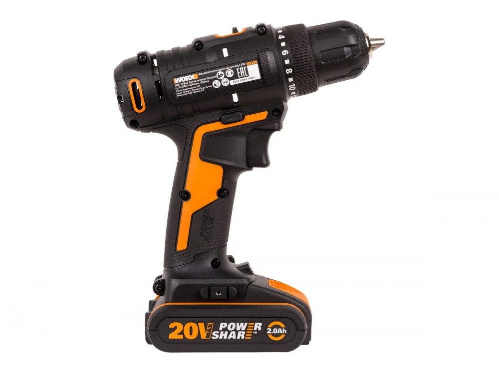Дрель-шуруповерт аккумуляторная WORX WX100.2, 20В, 2Ач х2, ЗУ 0,4А, сумка Дрель-шуруповерт аккумуляторная WORX WX100.2, 20В, 2Ач х2, ЗУ 0,4А, сумка